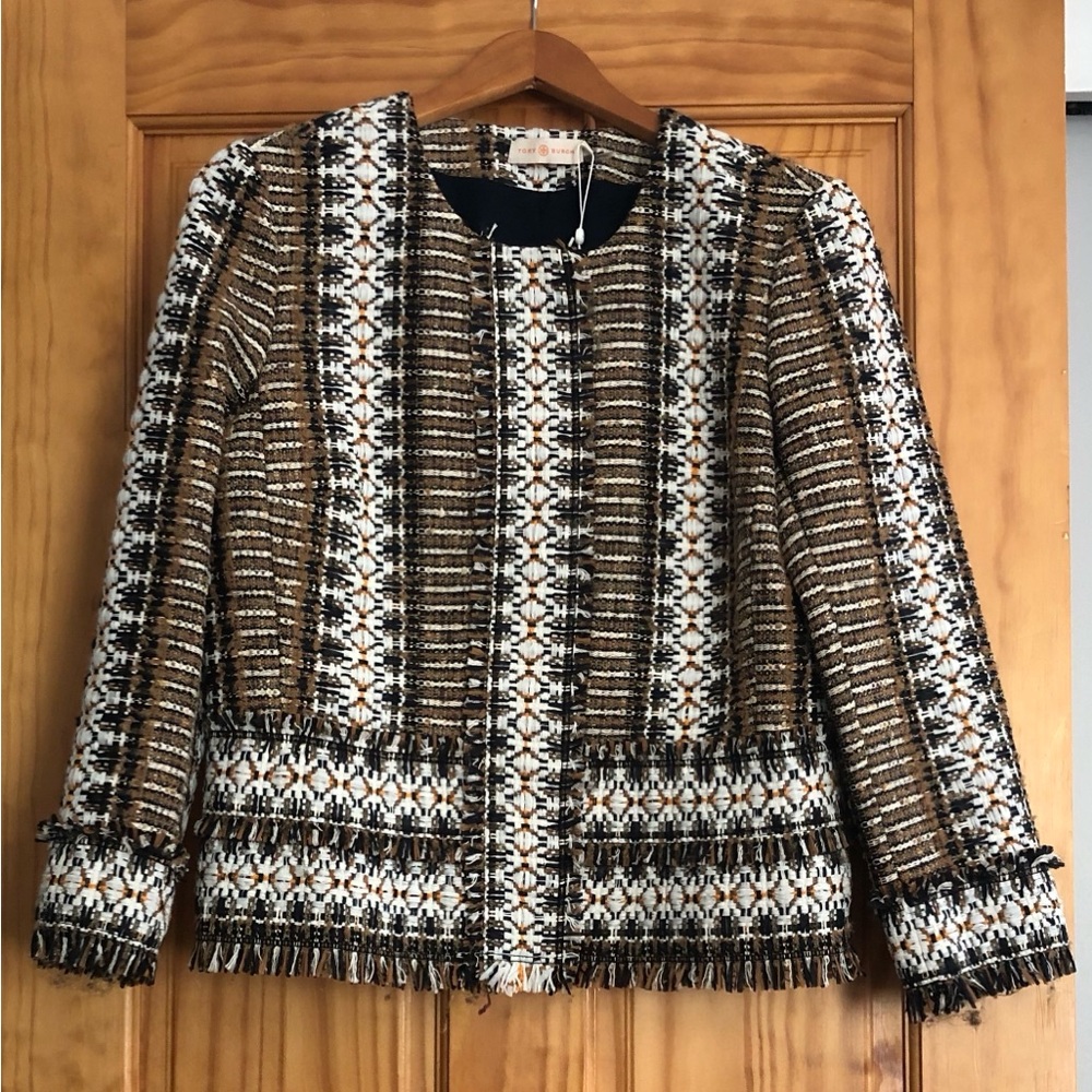 Tory Burch Brown and Black Blazer with Geometric Pattern